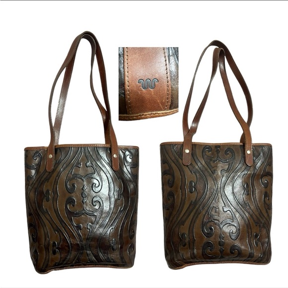 Artisan Brown Leather Tote with Embossed Design - Picture 1 of 9